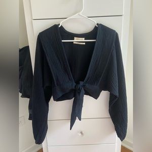 Black balloon sleeve, cropped, tie front blouse